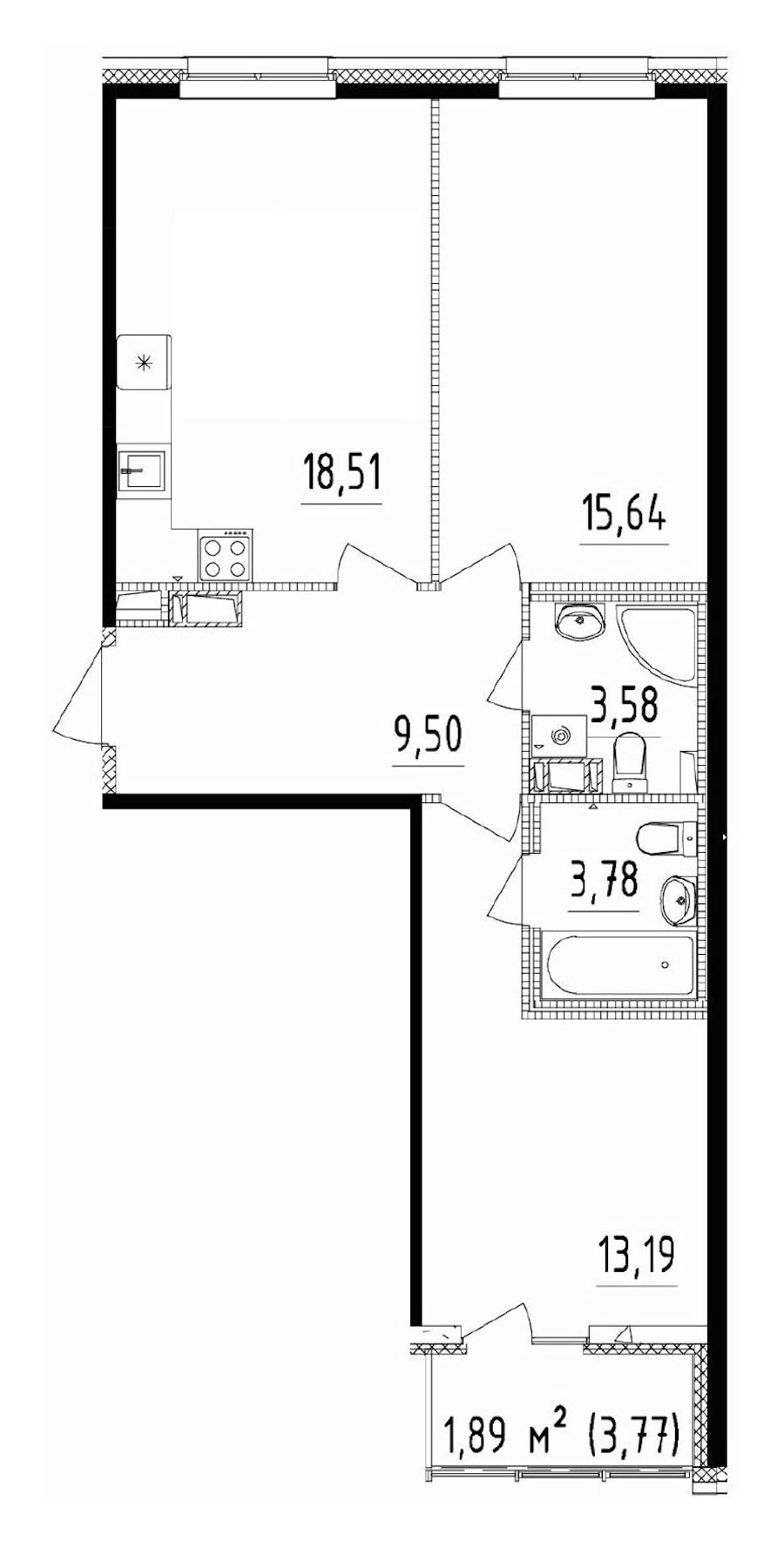 2-комнатная квартира 64.2 м², 13/13 эт., ЖК «Чёрная речка»